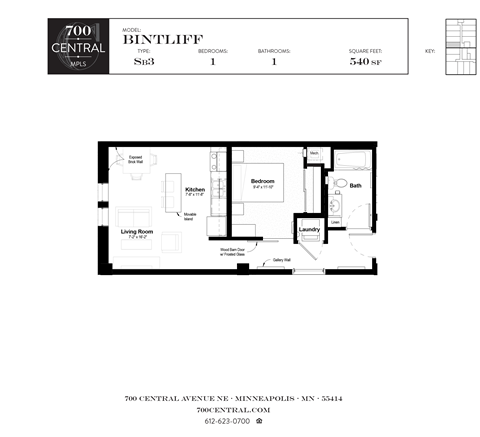 Floor plan for studio, 1 bath, 540 sqft